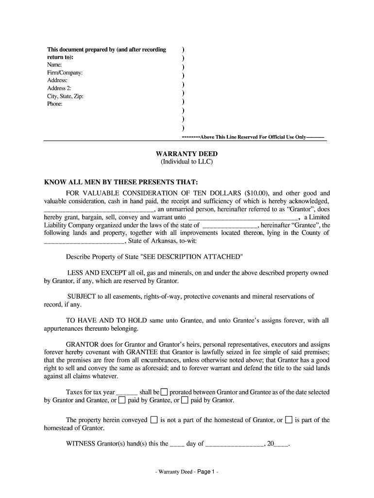 Arkansas Warranty Deed from Individual to LLC  Form