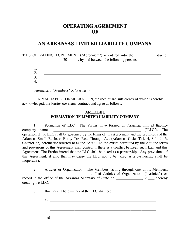 Operating Agreement Llc Arkansas  Form