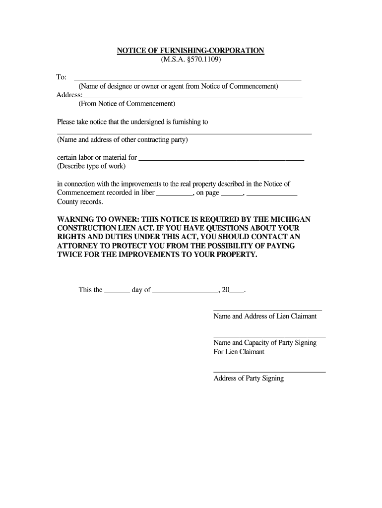 Notice of Furnishing Michigan  Form