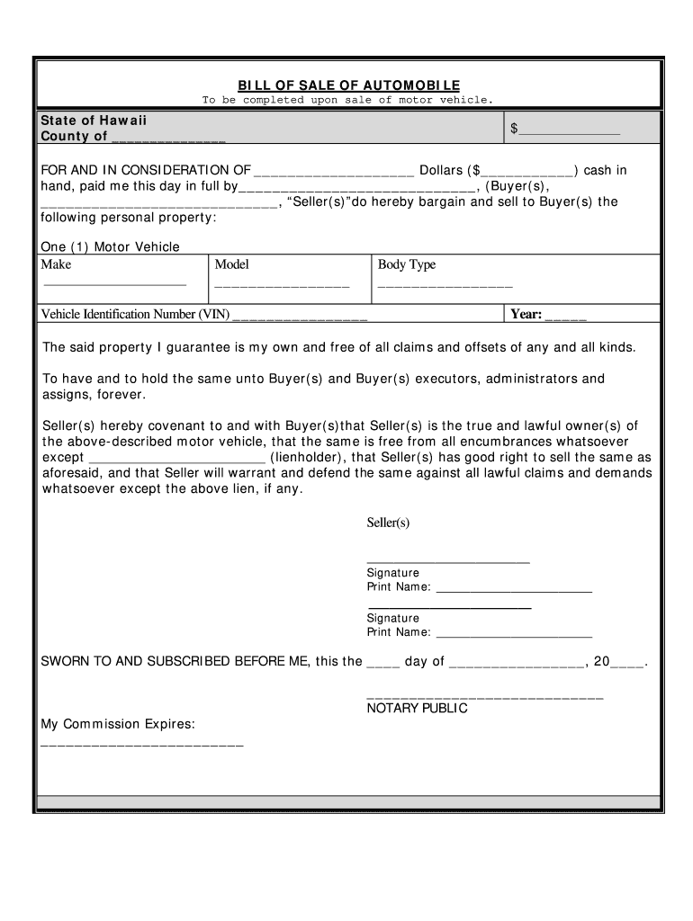 Hawaii Bill of Sale of Automobile and Odometer Statement  Form