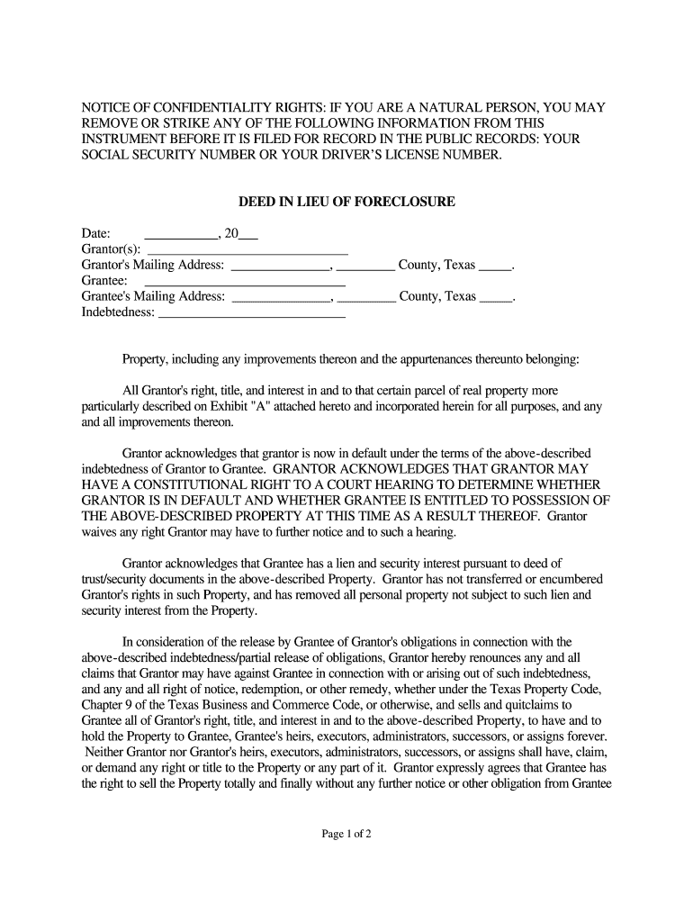 Deed in Lieu of Foreclosure Form Texas