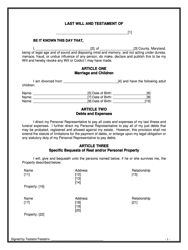 Maryland Legal Last Will and Testament Form for Divorced Person Not Remarried with Adult Children