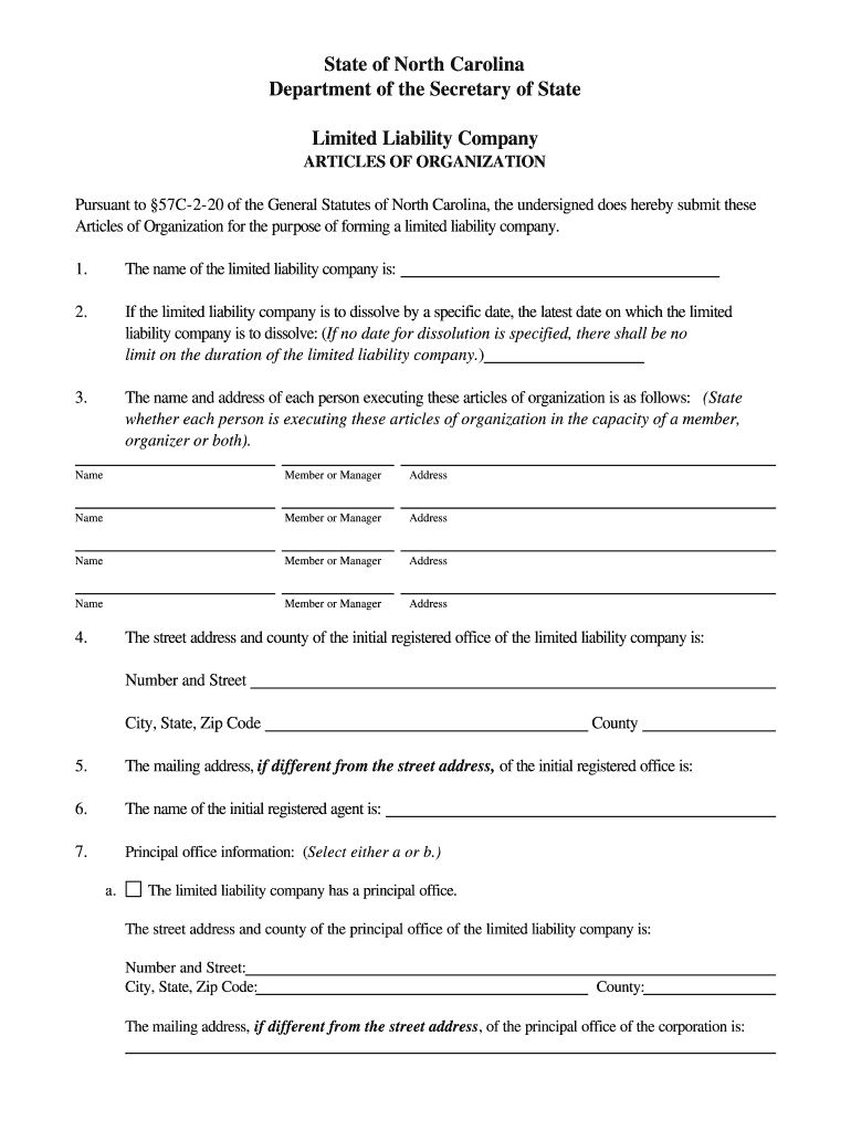 North Carolina Articles of Organization for Domestic Limited Liability Company LLC  Form