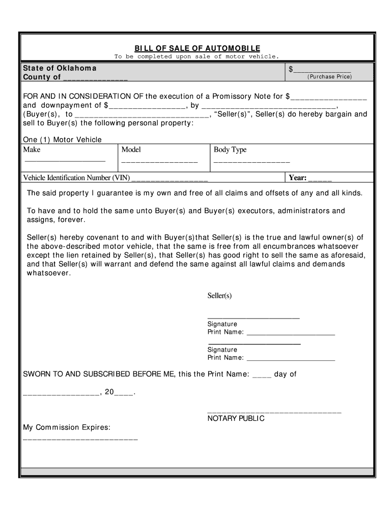 Get and Sign Oklahoma Bill of Sale  Form