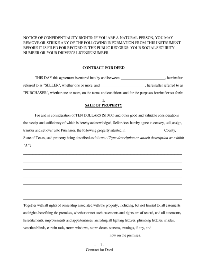 Contract for Deed Texas Template  Form