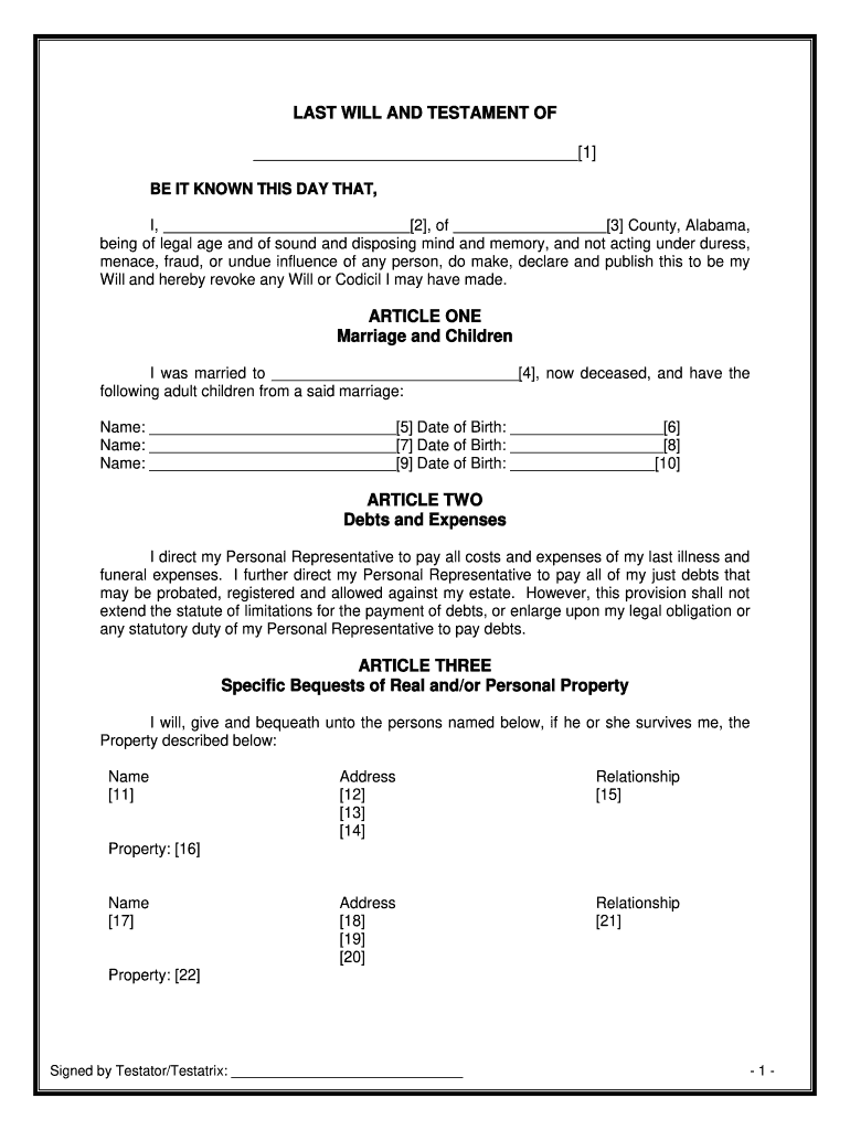 Last Will and Testament Form Alabama PDF