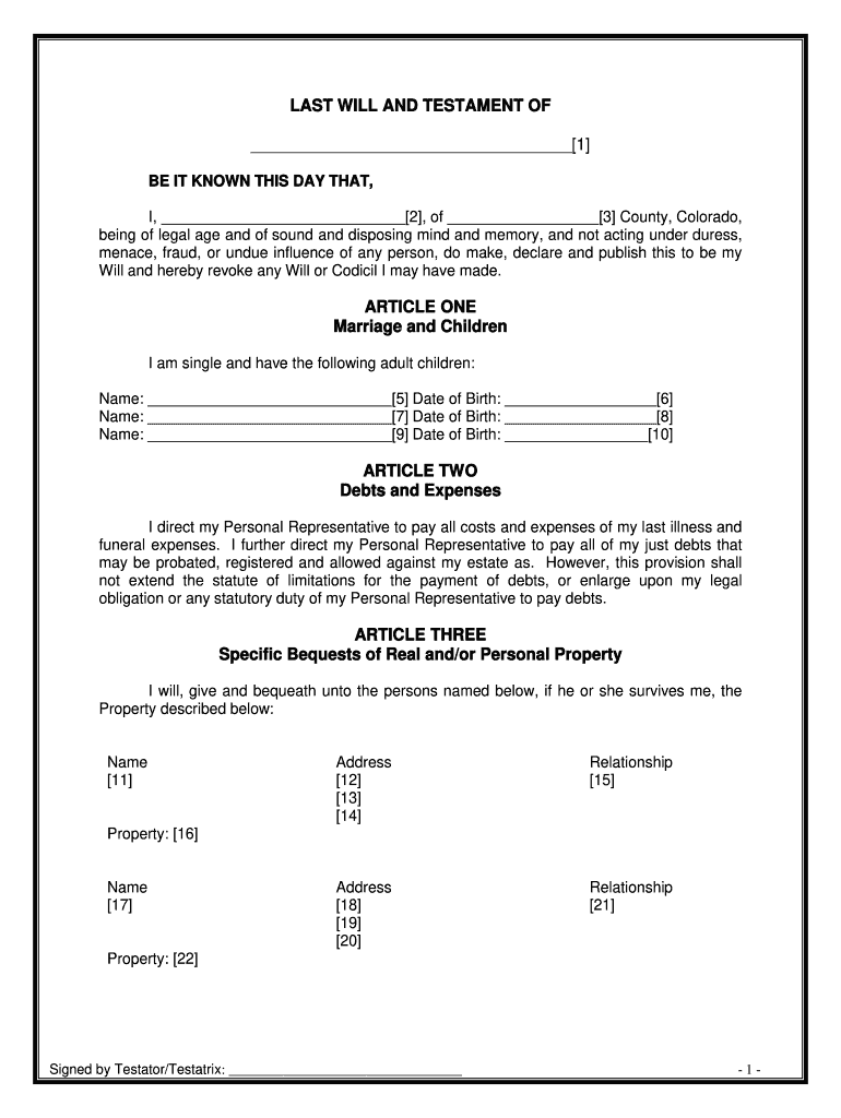 Colorado Last Will and Form Fill Out and Sign Printable PDF Template