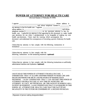 Nebraska Power of Attorney for Health Care Statutory Form