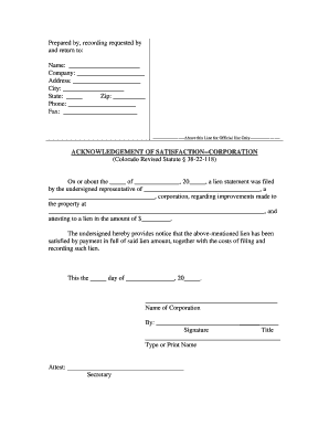 Colorado Acknowledgment of Satisfaction of Lien by Corporation  Form