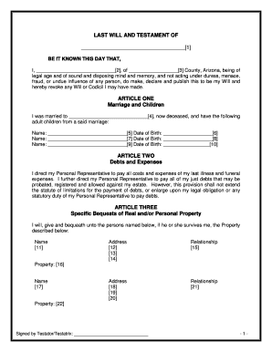 Last Will and Testament Arizona  Form