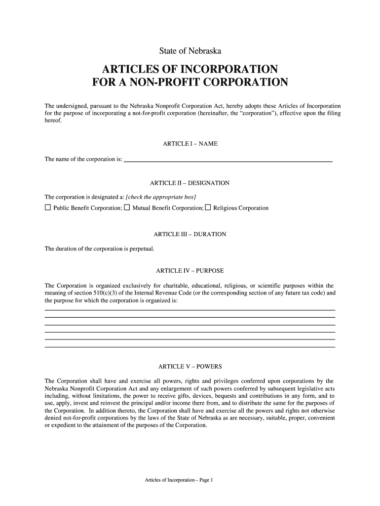 Nebraska Articles Incorporation  Form