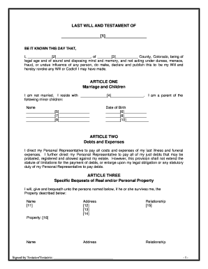 Colorado Mutual Wills or Last Will and Testaments for Man and Woman Living Together, Not Married with Minor Children  Form