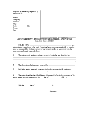 Kansas Lien Statement Subcontractor Individual  Form