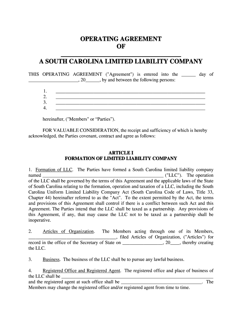 South Carolina Limited Liability Company LLC Operating Agreement  Form