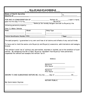 North Carolina Bill of Sale of Automobile and Odometer Statement for as is Sale  Form