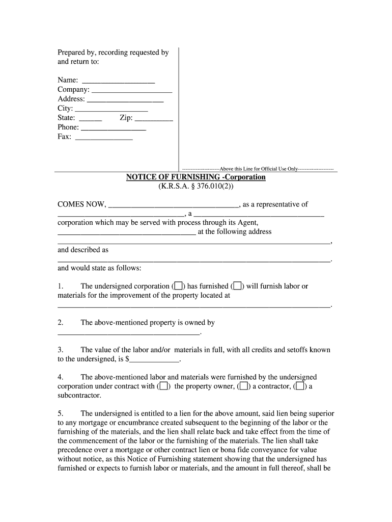 Kentucky Notice of Furnishing  Corporation  Form