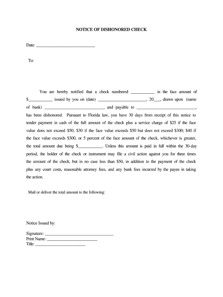 Florida Notice of Dishonored Check  Civil  Keywords Bad Check, Bounced Check  Form