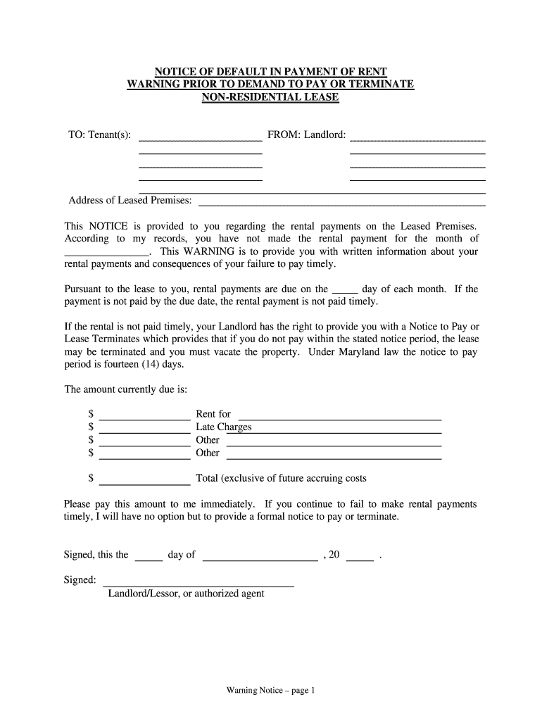 Maryland Notice of Default in Payment of Rent as Warning Prior to Demand to Pay or Terminate for Nonresidential or Commercial Pr  Form