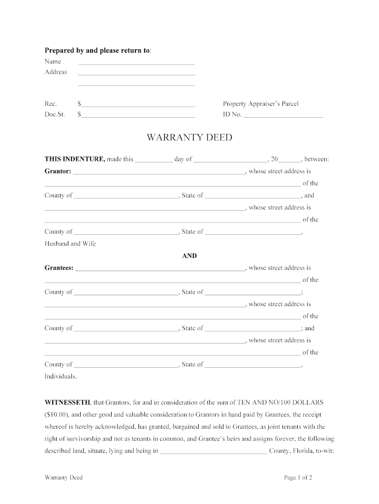 Florida Warranty Deed from Individuals or Husband and Wife to Three Individuals as Joint Tenants with the Right of Survivorship  Form