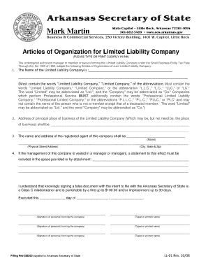 Arkansas Articles of Organization for Domestic Limited Liability Company LLC  Form