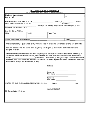 New Jersey Bill of Sale of Automobile and Odometer Statement  Form