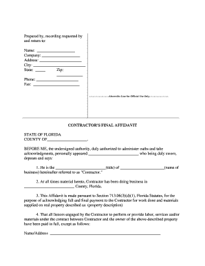 Contractor Affidavit Form Florida