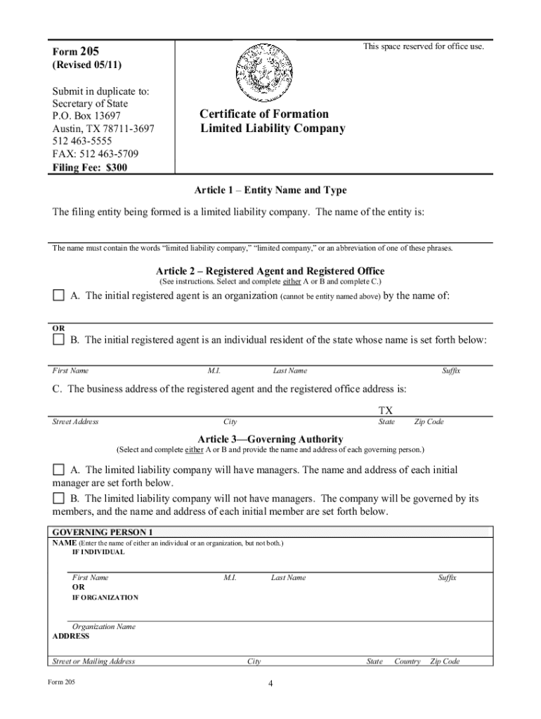 Articles of Organization Texas PDF  Form