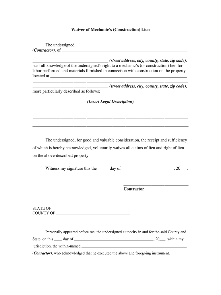 Waiver of Mechanics Construction Lien  Form