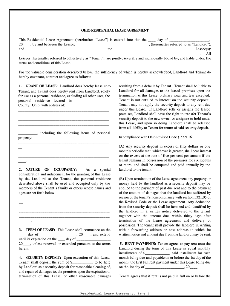 Oh Residential Agreement  Form