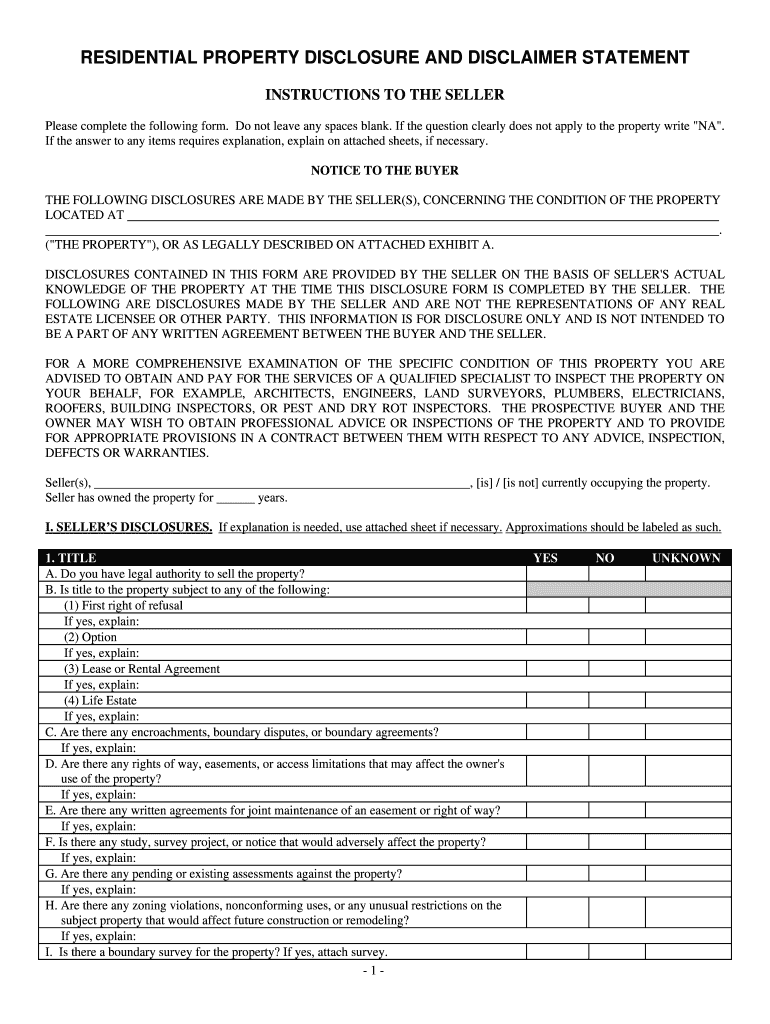 Sellers Property Disclosure Statement  Form