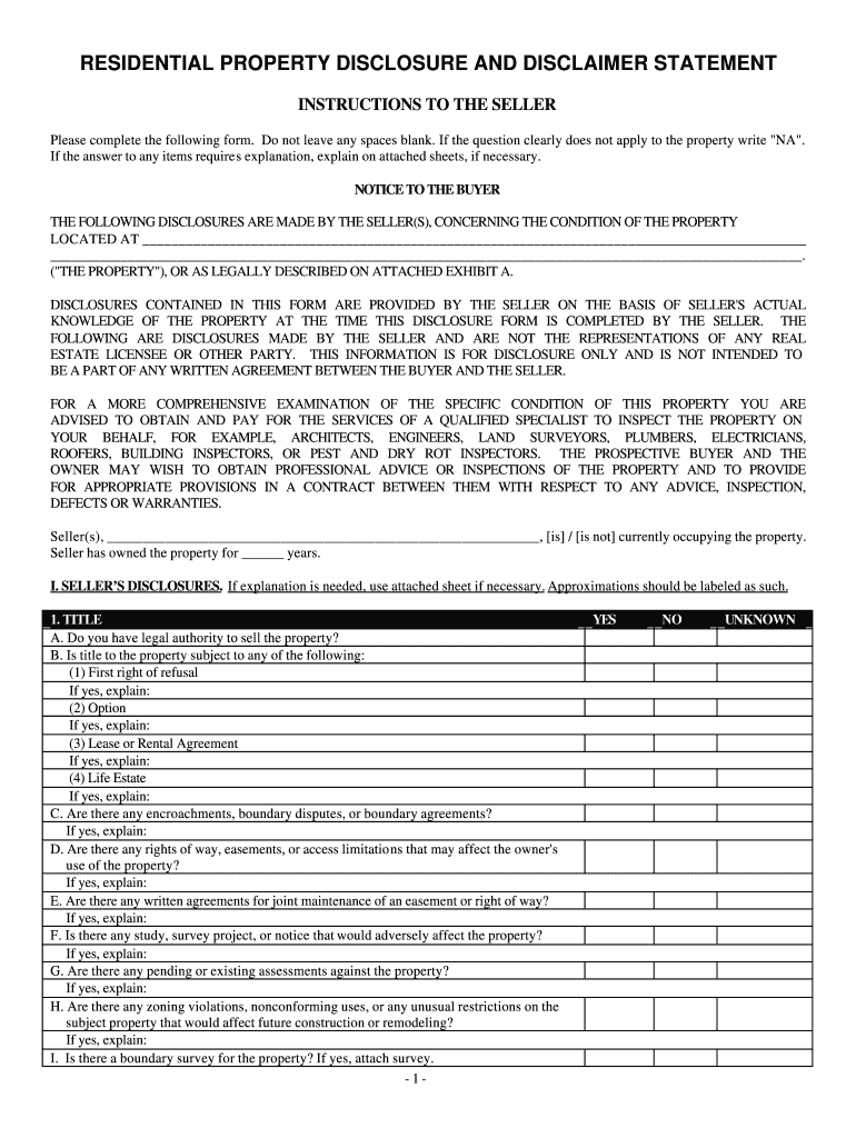 New Jersey Residential Real Estate Sales Disclosure Statement  Form