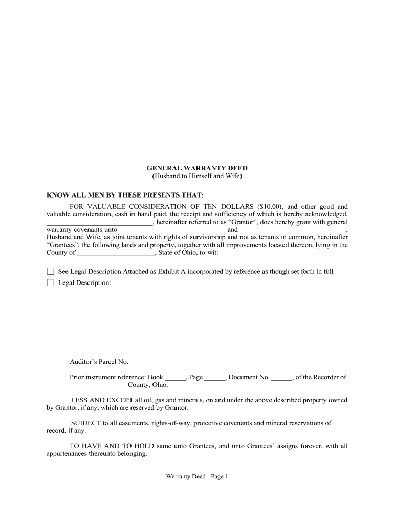 Ohio General Warranty Deed from Husband to Himself and Wife  Form