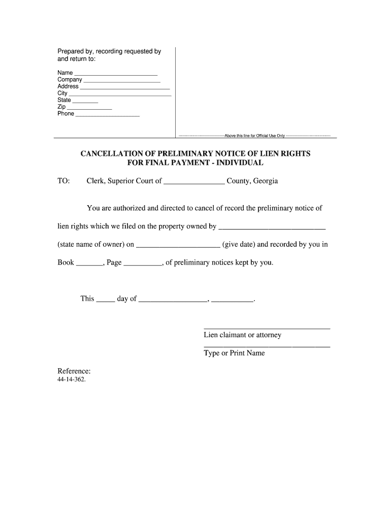 Georgia Cancellation of Preliminary Lien Notice for Final Payment Sect 44 14 362  Individual  Form