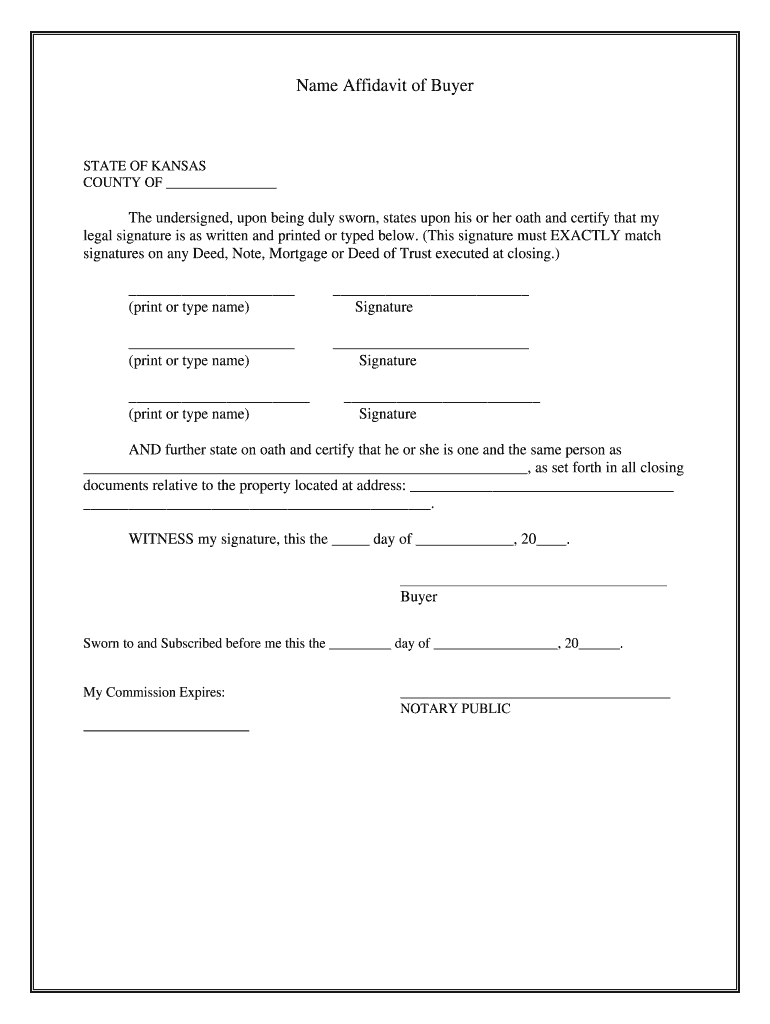 Kansas Name Affidavit of Buyer  Form