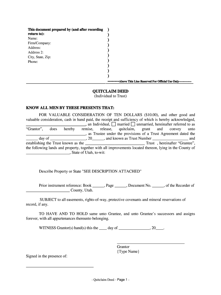 Printable Quit Claim Deed  Form