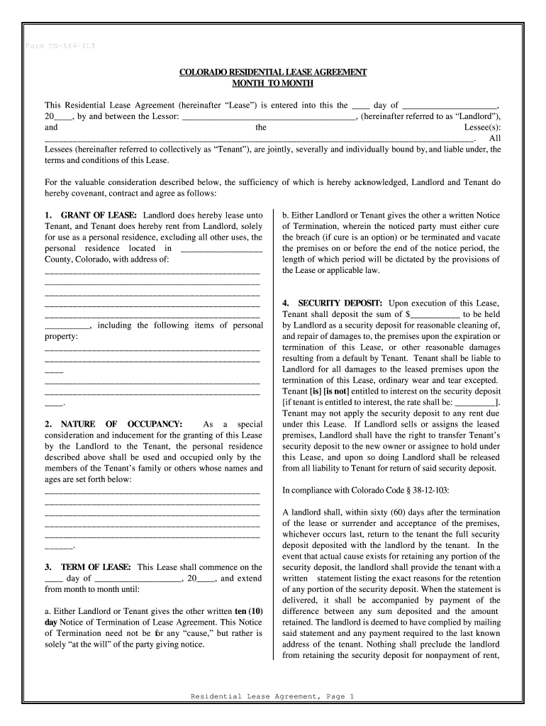 Colorado Residential Lease or Rental Agreement for Month to Month  Form