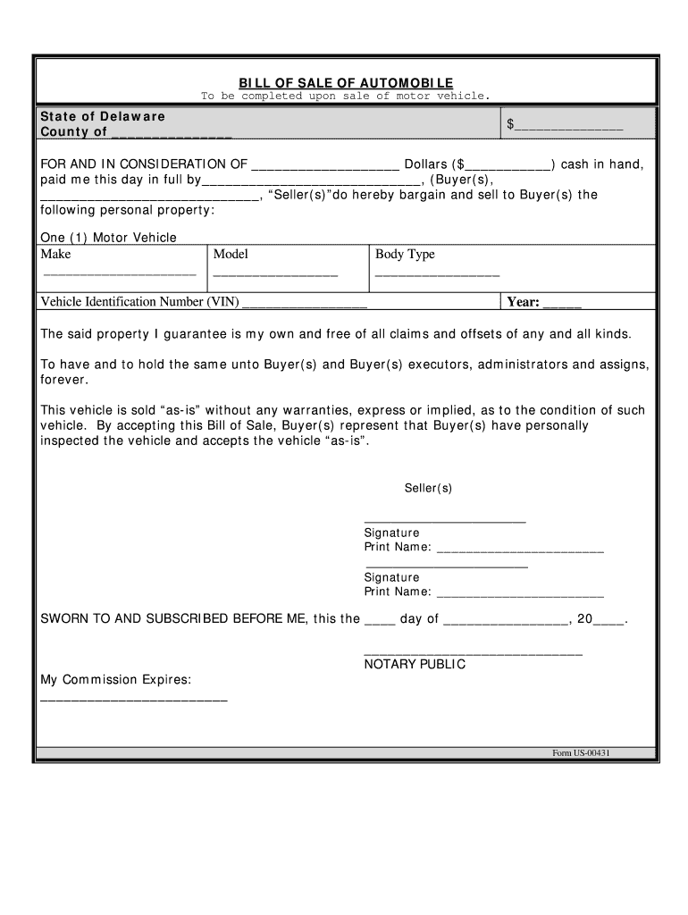 Delaware Bill of Sale of Automobile and Odometer Statement for as is Sale  Form