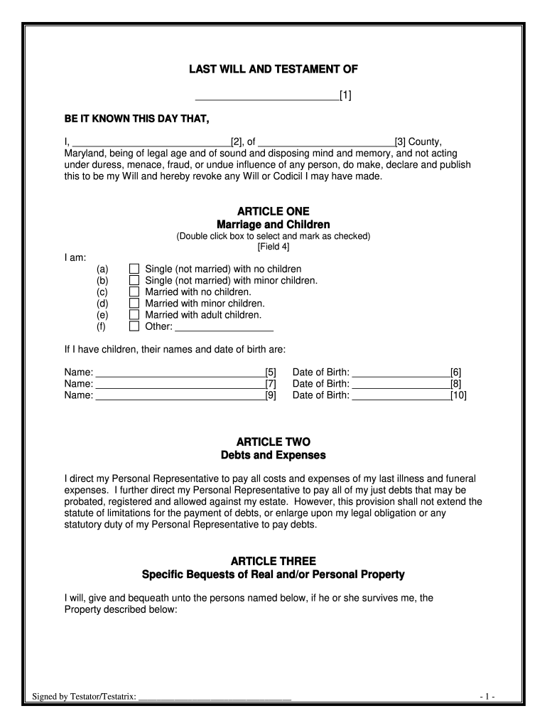Maryland Last Will and Testament PDF Form Fill Out and Sign Printable