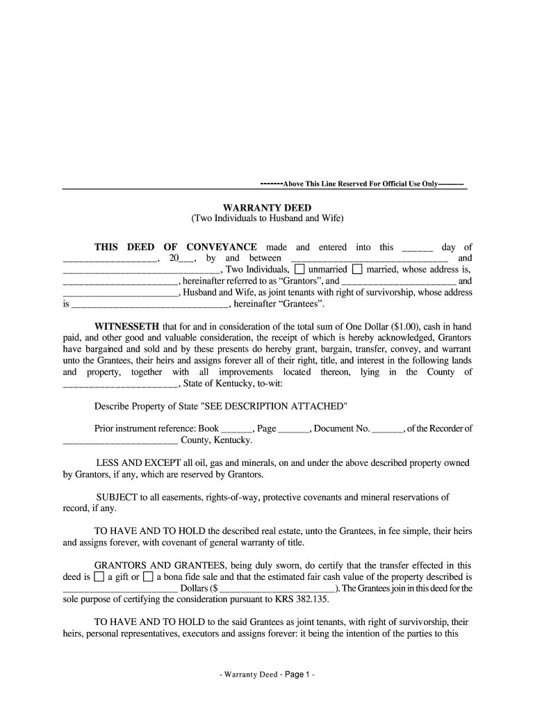 Kentucky Warranty Deed from Two Individuals to Husband and Wife  Form