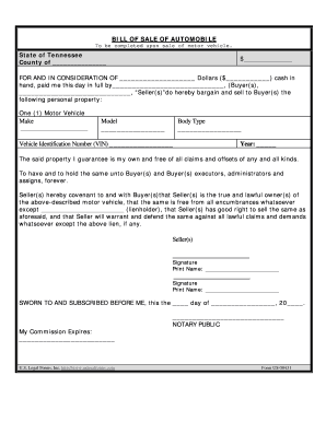 Tennessee Bill of Sale of Automobile and Odometer Statement  Form