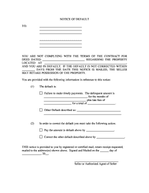 Iowa General Notice of Default for Contract for Deed  Form