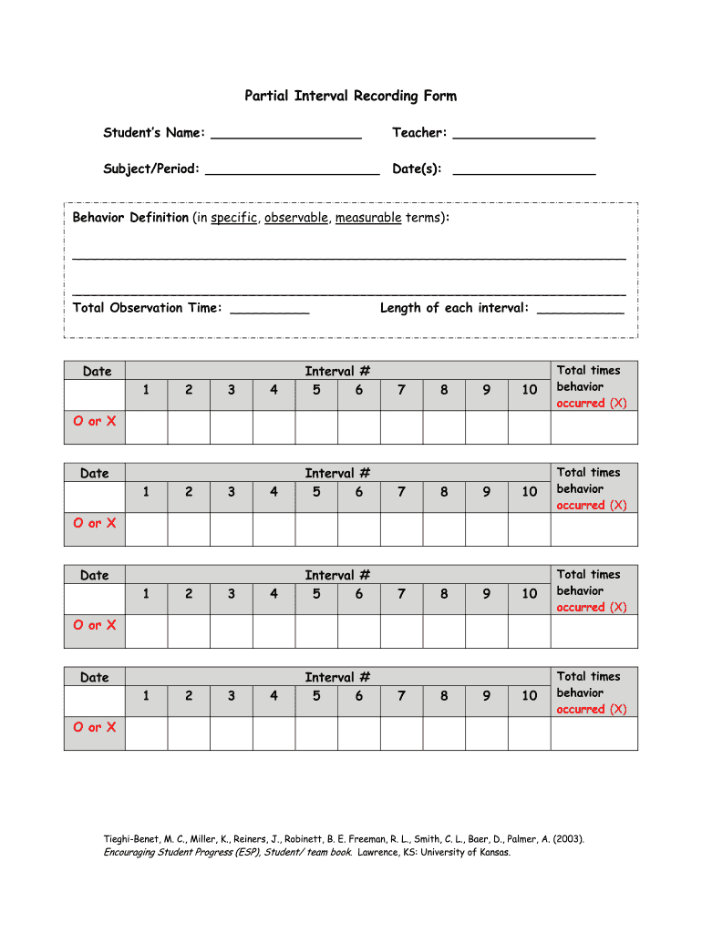 Partial Interval Recording  Form