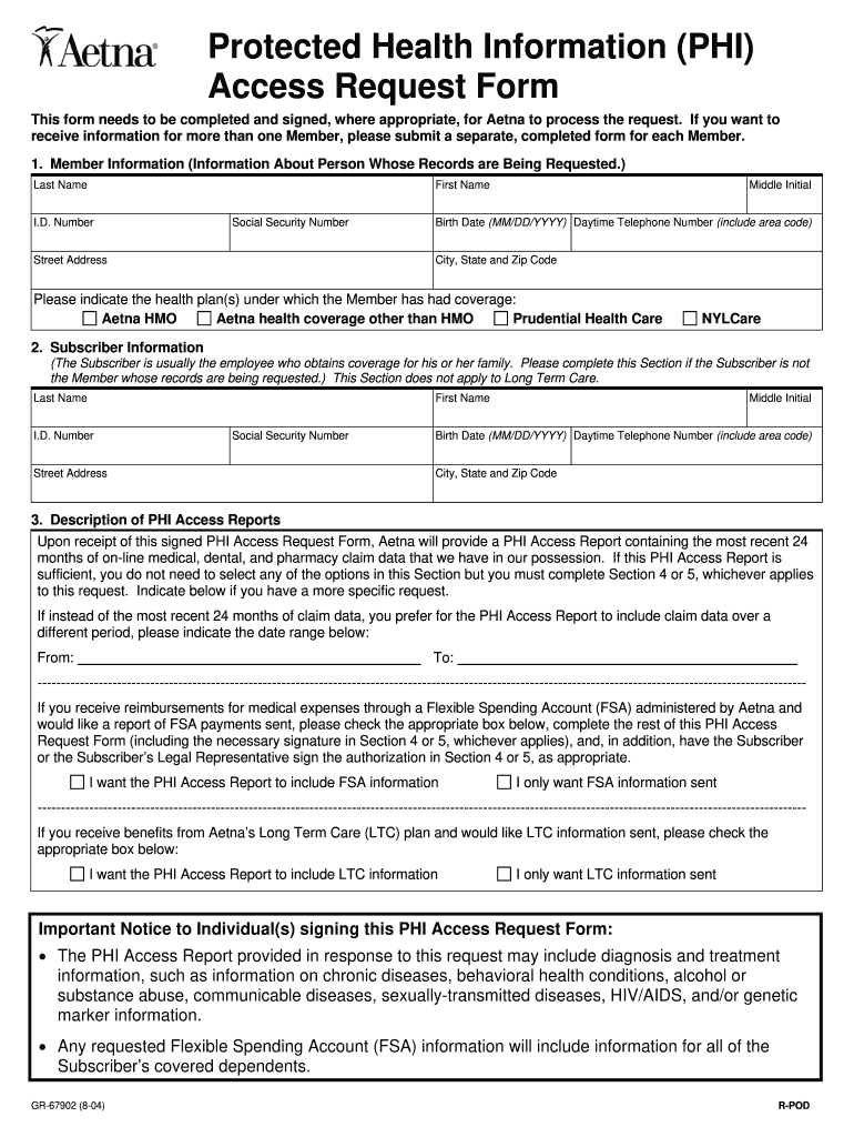  Protected Health Information PHI Access Request Form 2004