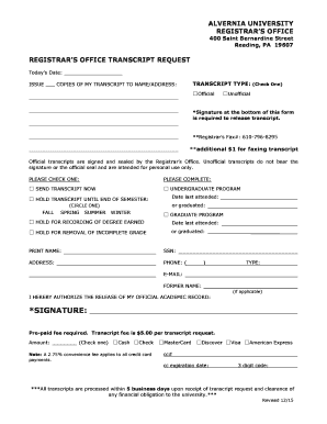 Get and Sign Transcript Request Form Alvernia University Alvernia 2015
