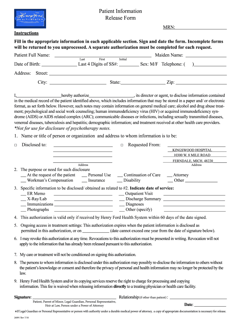  Patient Information Release Form Henry Ford Health System 2010