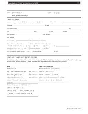 ANDREWS UNIVERSITY IMMUNIZATION RECORD 12 Andrews  Form