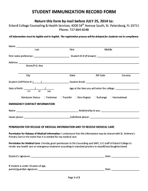  Eckerd College Immunization Form 2014-2024