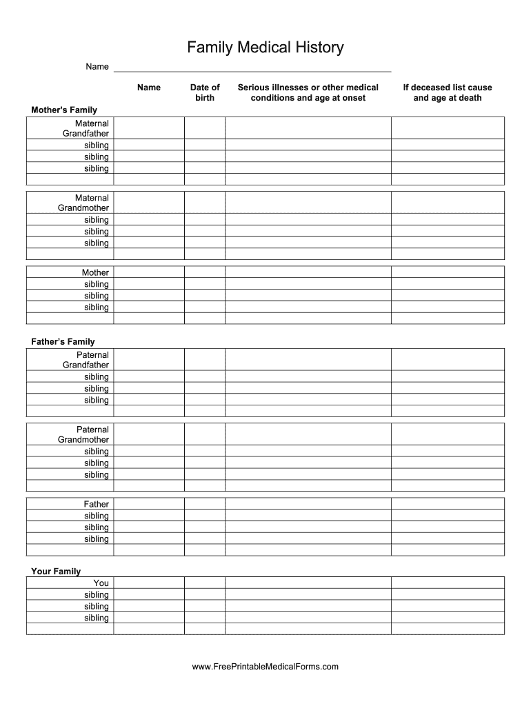 Family Medical History Template  Form
