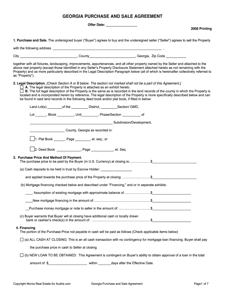 Georgia Purchase and Sale Agreement PDF  Form