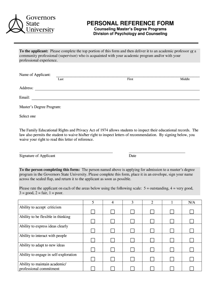 PERSONAL REFERENCE FORM Governors State University Govst